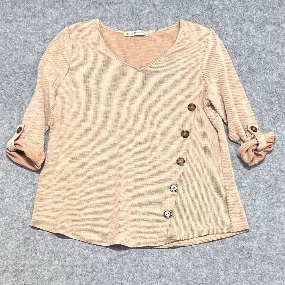 All in Love Tan Striped V-Neck Roll Tab Sleeve Side Button Knit Top Small‎